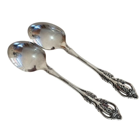 2 Oneida Renoir Pembrooke Serving Spoons 8.5" SS pierced 90s vtg Baroque flaw - Picture 8 of 12